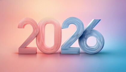 Aufkleber - modern pastel 2026 typography on soft gradient background, 3d paper cutout effect, stylish design for new year visual