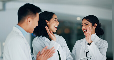 Poster - High five, collaboration and scientists in laboratory with medical project, discovery and study. Happy, celebration and group of biologists with target for pharmaceutical innovation with teamwork.