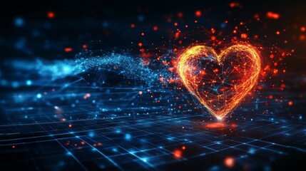 Poster - A Glowing Digital Heart Icon with a Grid Background, Representing Modern Abstract Technology and Art