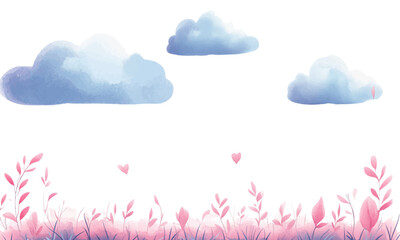 Wall Mural - clouds, grass and trees watercolor illustration clip art blue and pink sky with clouds watercolor ve
