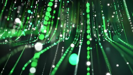 Fototapete - Dynamic green data streams cascade downward, interspersed with glowing dots, evoking a sense of movement and technological innovation in a digital landscape.