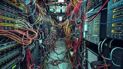 Poster - The view reveals a chaotic setting where numerous tangled wires and cables run between shelves lined with electronic devices, illuminated by overhead lights.
