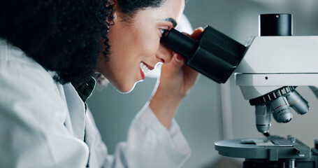 Aufkleber - Science, research or woman with microscope, smile or healthcare with microbiology. Person, expert or scientist with cure, chemistry equipment or medical innovation with vaccine analysis or experiment