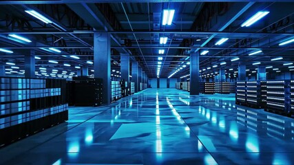 Poster - In an underground data center, rows of servers are illuminated by striking blue lights, highlighting a sleek and organized layout in a vast space.