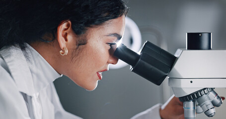 Aufkleber - Science, experiment and woman in lab, microscope and healthcare with microbiology. Person, testing and scientist in workplace, equipment and medical innovation with vaccine development and research