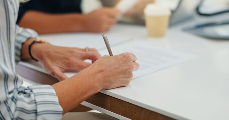 Poster - Business, meeting and hands writing on paperwork for b2b negotiation, contract deal and legal agreement. Corporate client, person and sign documents in office for company integration and opportunity