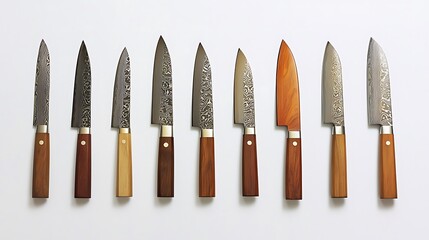 ten chef knives with various wooden handles arranged on white background.
