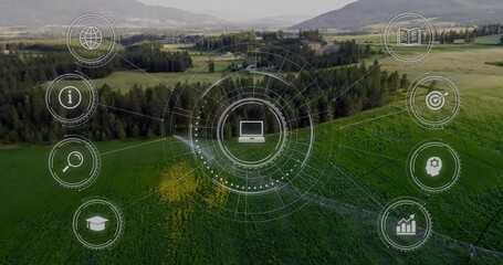 Poster - Digital interface animation over aerial view of lush green landscape and mountains