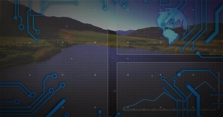Poster - Animation overlaying digital data on scenic landscape with mountains and lake