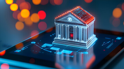 Poster - Holographic Digital Banking Icon Displayed on a Modern Tablet Screen