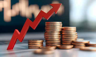 Poster - Stacks of Coins with Red Arrow Depicting Downward Financial Trend