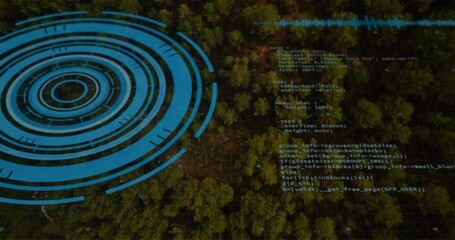 Poster - Blue digital interface and coding animation over aerial view of forest landscape
