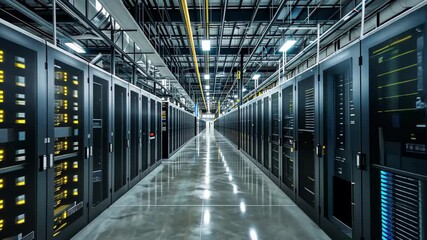 Poster - Rows of server racks line the spacious data center, illuminated by bright lights, highlighting a complex network of cables and equipment supporting data management.