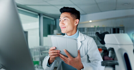 Aufkleber - Research, science and man in lab, tablet and experiment with medical innovation. Asian person, scientist and expert in workplace, biotech or email with results, online reading and app with internet