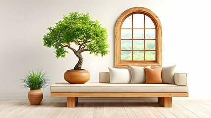 Poster - Modern Japandi Living Room with Minimalist Sofa and Green Plant