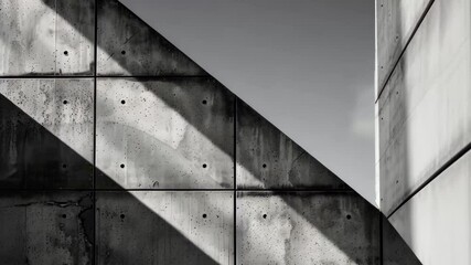 Poster - The interplay of sunlight and shadows highlights the textured surfaces of concrete walls, revealing sharp geometric patterns in a minimalist urban setting.