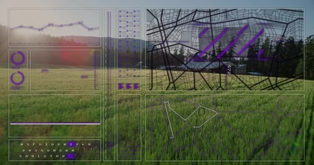 Poster - Animation of digital interface with graphs and data overlays on grassy landscape