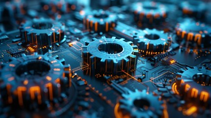 Poster - Interlocking gears display CAD drawings and code symbols, illustrating design and manufacturing integration in technology
