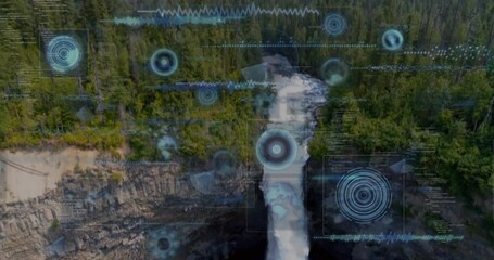 Poster - Digital data processing animation overlay on forest waterfall scene