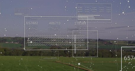 Poster - Data processing animation over landscape showing network of connections in motion