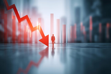 Aufkleber - A lone figure stands before declining graphs, symbolizing market downturns or economic challenges in a digital, abstract environment.