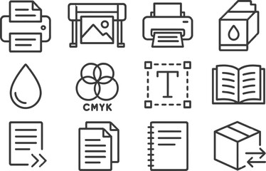 Aufkleber - Vector illustration of various printing and graphic design icons including printers, color models, and paper types