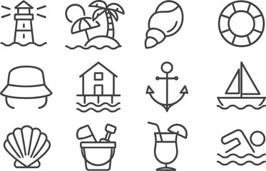Poster - Vector illustration of beach-themed line icons featuring a lighthouse, palm tree, shell, and various summer activities