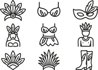 Aufkleber - Explore vibrant line icons representing carnival costumes, masks, and accessories in a festive celebration setting