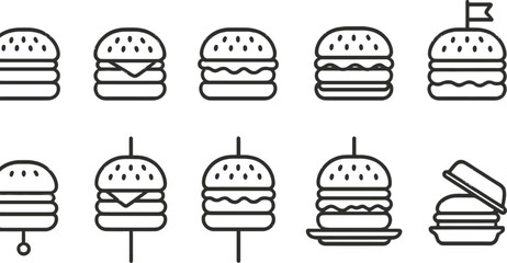 Aufkleber - Vector illustration of line icons representing various burger designs and styles for culinary and graphic projects