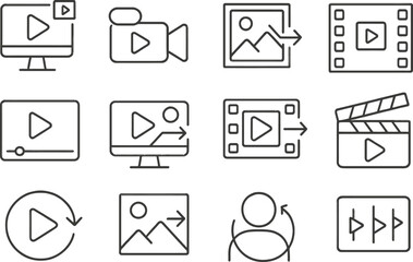 Leinwandbilder - Vector illustration of line icons depicting multimedia elements including video playback, image sharing, and editing tools