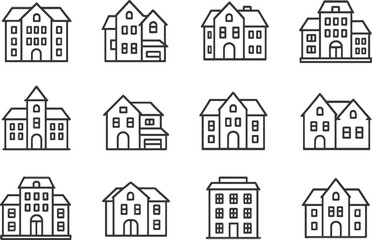 Poster - Variety of vector line icons depicting different styles of residential buildings arranged in a grid format