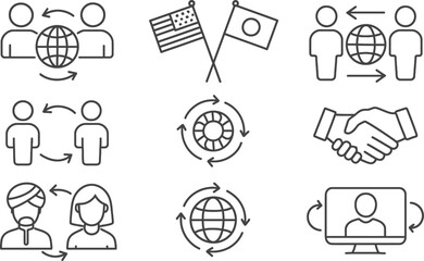 Leinwandbilder - Global interaction line icons depicting cultural exchange, collaboration, and communication across nations with illustrative elements