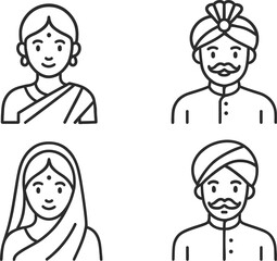 Aufkleber - Vector illustration of diverse Indian characters in traditional attire in black and white line art