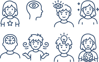 Fototapete - Vector illustration of diverse characters showcasing various emotions and thoughts through line icons in a modern style