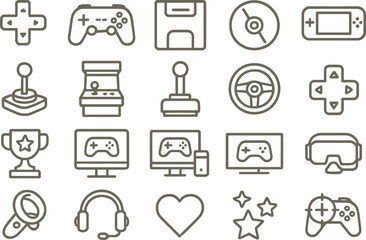 Aufkleber - Line icons representing gaming equipment and accessories including controllers, arcade machines, and virtual reality gear