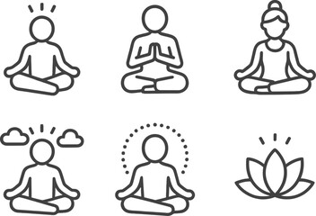 Aufkleber - Vector illustration of line icons depicting meditation poses, mindfulness practices, and symbols of tranquility and peace