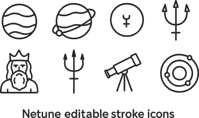 Aufkleber - Vector illustration of Neptune themed line icons including planets, a telescope, and mythical figure in space elements