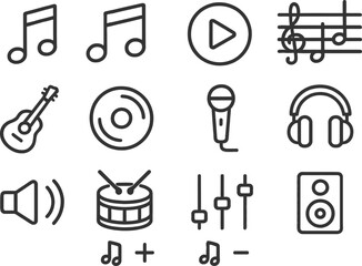 Aufkleber - Explore music with vector illustration line icons depicting notes, instruments, and sound elements