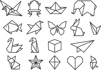 Fototapete - Vector illustration of various origami designs showcasing animals and geometric shapes in a minimalist style