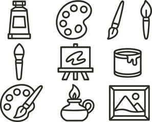 Aufkleber - Art supplies vector illustration featuring paint tubes, brushes, palettes, and canvases in a creative workspace