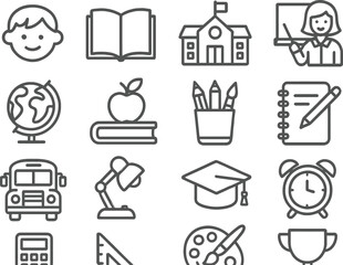 Aufkleber - Line icons representing various elements of education and learning environments featuring students, teachers, and school supplies