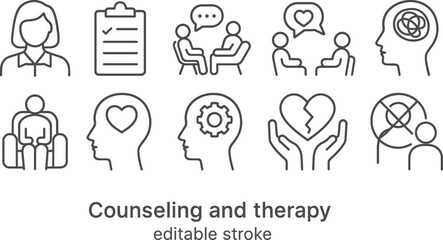 Aufkleber - Diverse line icons representing counseling and therapy concepts for mental health support and well-being