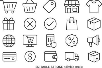 Aufkleber - Collection of vector line icons representing shopping tasks and activities in a retail environment