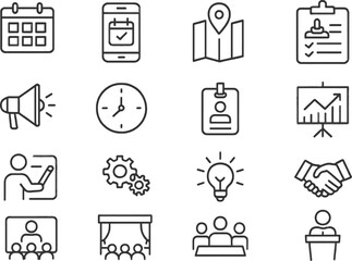 Poster - Vector illustration showcasing various line icons depicting organization, communication, and productivity themes in a modern workspace setting
