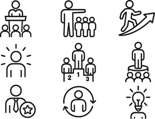 Aufkleber - Vector illustration of various line icons depicting leadership, success, teamwork, and personal growth concepts in a modern style