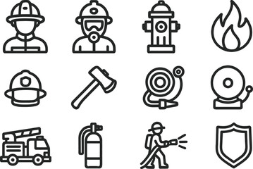 Poster - Fire safety vector illustration with line icons representing firefighting tools and personnel activities