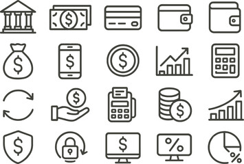 Aufkleber - Financial management vector illustration icons showcasing banking, payment systems, budgeting, and investment activities
