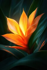 Poster - Radiant Bloom of Exotic Flower with Luminous Petals and Lush Green Foliage in a Dark Artistic Setting
