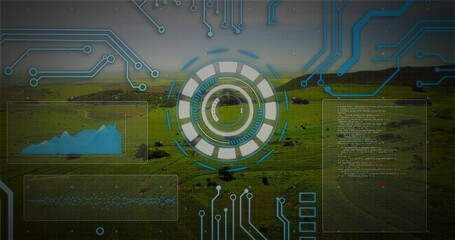 Poster - Futuristic digital interface animation over green landscape with circuit patterns