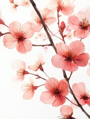 Poster - Delicate watercolor cherry blossom branch with soft pink petals against a bright white background creating a serene and artistic floral scene